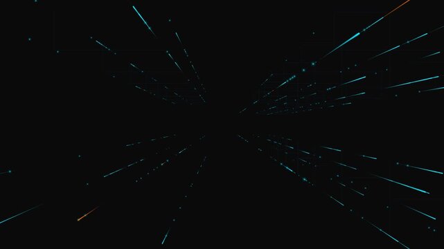 Light streaks glowing lines flying forward in hyperdrive motion for futuristic sci-fi movie background or data speed technology presentation.