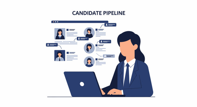 Businesswoman Using HR Software for Candidate Pipeline Management and Talent Acquisition Recruitment Illustration