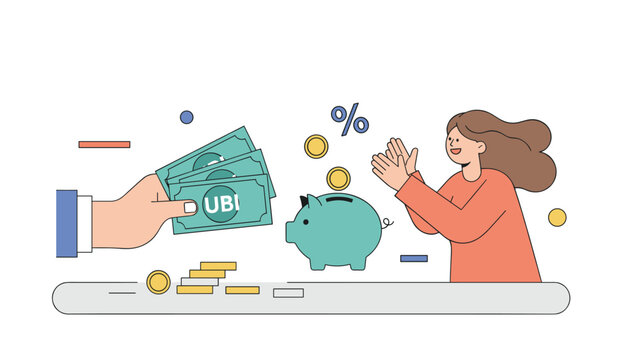 Woman clapping her hands in front of a piggy bank receiving money from a hand, representing savings and financial planning.