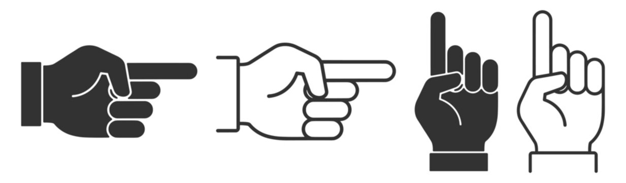 Pointing hand icon set in line and silhouette styles on white background.