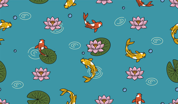 Koi Fish and Lotus Seamless Pattern Background for Fabric  Wallpaper