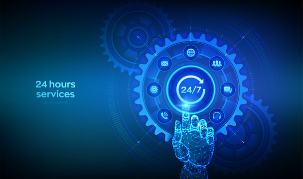 24 hours services. Technical support. Customer service concept. 24-7 support. Customer help. Tech support. Hand touching digital interface with interconnected gears and icons. Vector illustration.