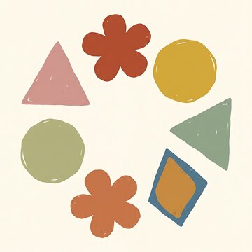 Colorful hand drawn geometric shapes and flowers arranged in a circle