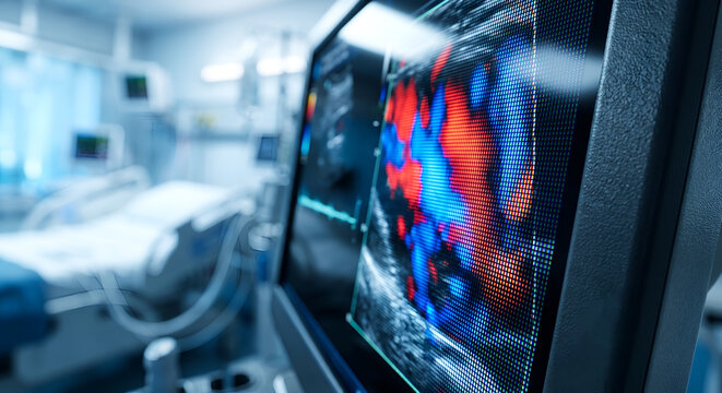 Ultrasound monitor showing blood flow in modern hospital diagnostic imaging room.