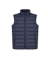 Navy blue puffer vest with zipper and pockets, isolated on white background © maximon4ik