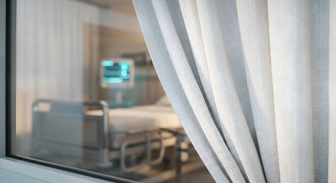 View through window of hospital room with bed and medical monitor.