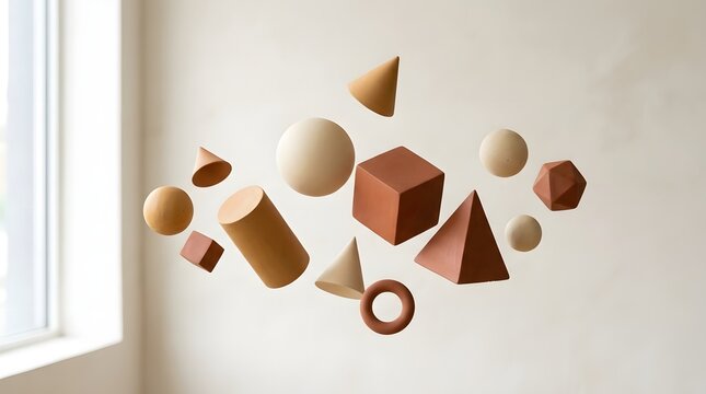 Floating geometric shapes in warm earth tones including spheres cubes and cones arranged in a modern minimalist studio art display