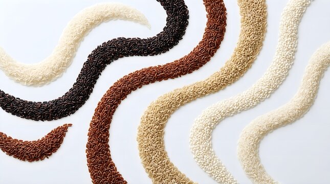 Diverse Types of Rice Grains Including White Brown Red and Black Rice Pattern on White Background.