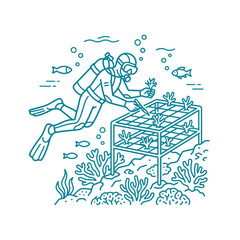 Fototapeta premium A detailed clean minimalist vector line art icon of a scuba diver scientist planting coral fragments on a underwater nursery restoration frame grid