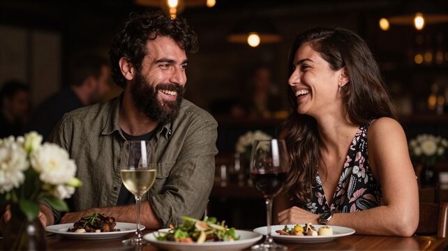 Couple laughing during dinner date at restaurant table.