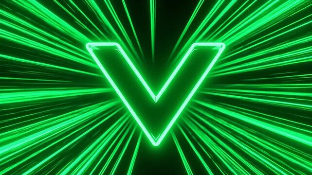 Glowing green v logo with radiating beams