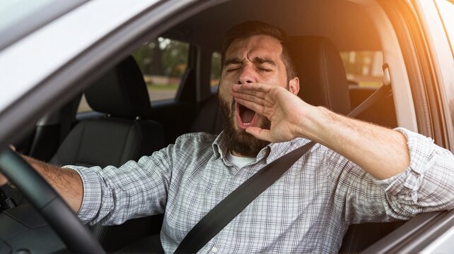 Man driving car yawning due to fatigue on road