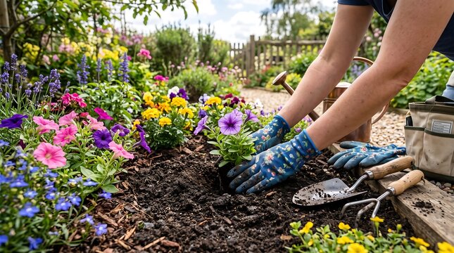 Gardener planting colorful petunias in a vibrant flower bed