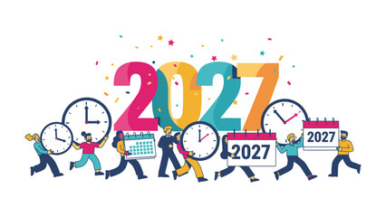 Fototapeta premium 2027 New Year Celebration: People hold clocks and calendars marking the arrival of the new year, 2027, with confetti showering down in a festive scene.