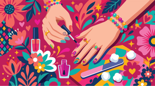 Nail art process with pink polish and nail file flat vector illustration. Close up woman hands manicuring with floral background concept. Beauty care banner.