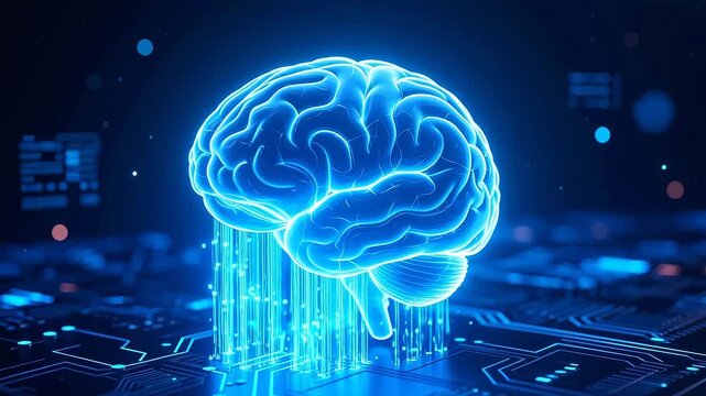Glowing blue brain in digital circuit scene