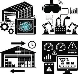 Fototapeta premium Smart factory and warehouse automation icon set featuring digital warehouse management, industrial VR, inventory optimization and production monitoring dashboard isolated on white background