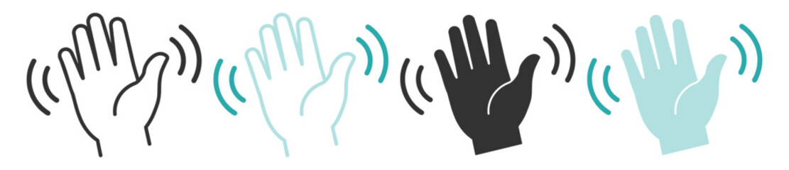 Hand wave gesture icon outline and silhouette symbol for greeting communication on transparent background © Darina