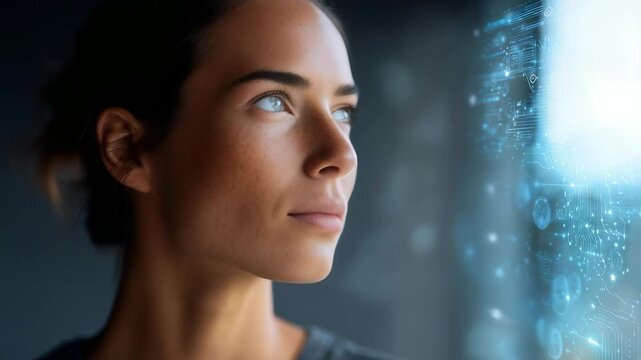 A focused woman looks ahead at a transparent digital screen filled with virtual data and network graphics. The scene symbolizes innovation, artificial intelligence, and future technology trends