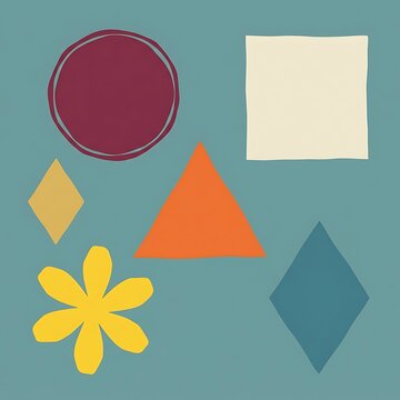Colorful geometric shapes including circles squares triangles and flower icons
