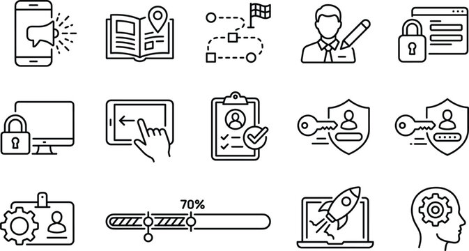 User onboarding registration and secure account setup line icon set with tutorial and product launch symbols