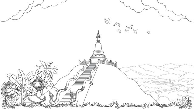 Mount Phousi in Luang Prabang with the golden stupa on the summit, long staircase, tropical trees, birds flying, panoramic mountain scenery, coloring book illustration, black and white outline only, c