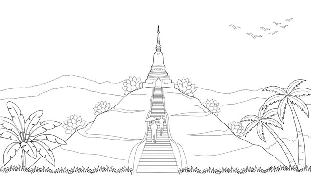Mount Phousi in Luang Prabang with the golden stupa on the summit, long staircase, tropical trees, birds flying, panoramic mountain scenery, coloring book illustration, black and white outline only, 