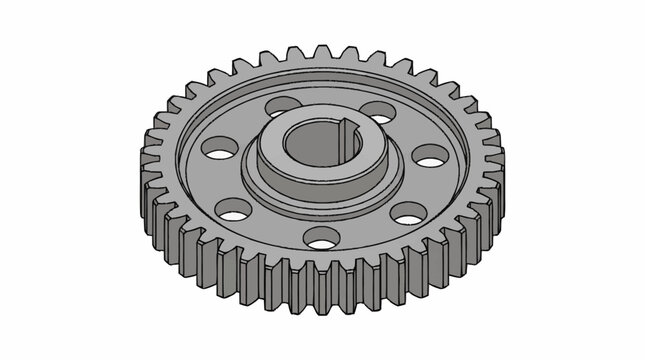 Precision metal spur gear with central hub and mounting holes.