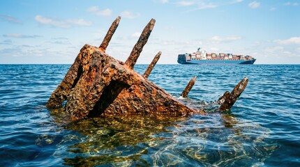 Naklejka premium Rusty shipwreck remains submerged in the ocean with a large cargo ship sailing in the distance.