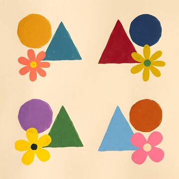 Colorful geometric shapes and flowers pattern design in a playful retro style