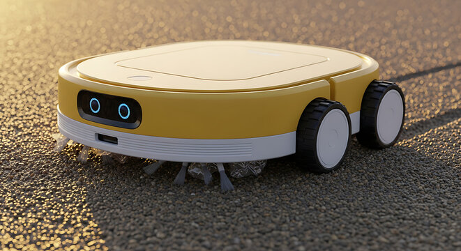 A small yellow robotic vacuum cleaner moving across a textured floor surface.