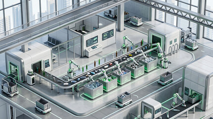 Fototapeta premium Modern automated smart factory interior with robotic arms and autonomous transport vehicles on a production line.