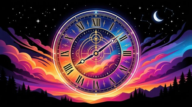 Vintage clock face against a sunset sky. Surreal time concept with colorful clouds and moon.