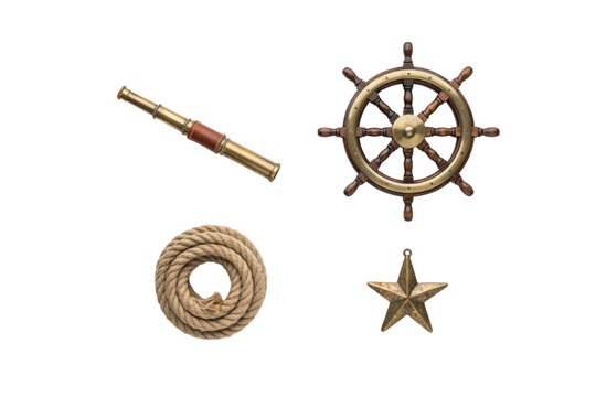 Nautical collection featuring a brass spyglass, ship wheel, coiled rope, and a star ornament isolated on a clean white background