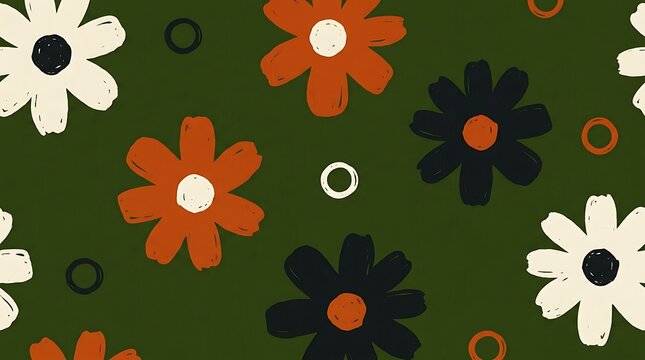 Seamless pattern with cute hand drawn flowers on a dark olive green background