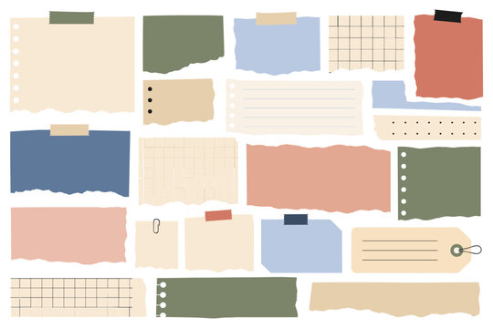 Torn paper scraps, ripped notebook pages. Crumpled collage sheets with damaged edges, wrinkled old newspaper clipping, vintage letter shreds, torn book page, ragged memo note vector set