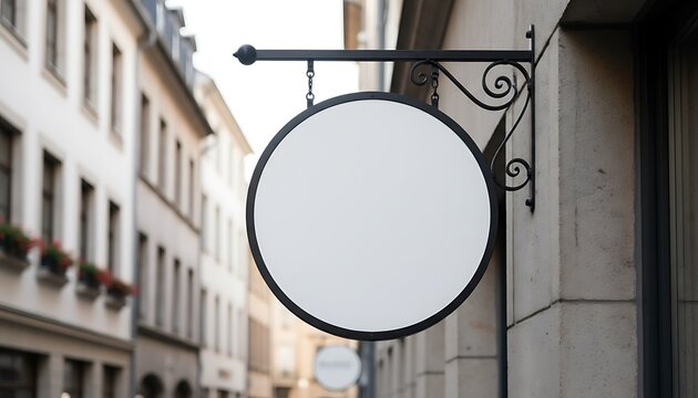 A blank round white shop sign with an ornate black bracket hanging on a building wall in a blurred old town street, perfect for mockup designs.