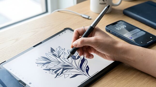 Digital art creation hand drawing floral illustration on tablet with stylus pen