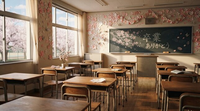 Sunlight streams into a traditional Japanese classroom.