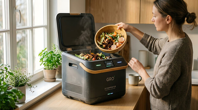 Woman putting food scraps into an electric kitchen compost bin for recycling at home.