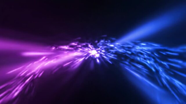 Abstract motion background with a flowing wave of glowing purple and blue particles, energy stream concept