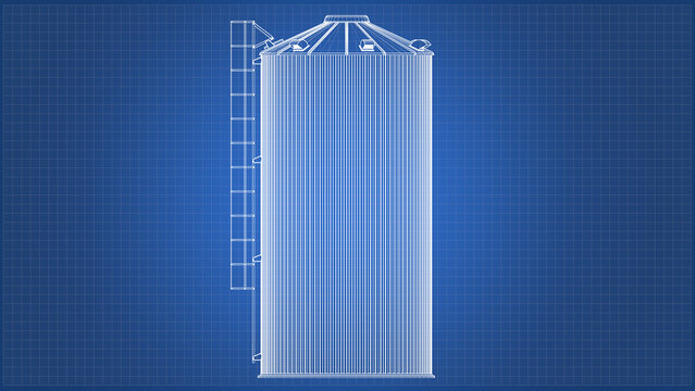 Silo design and engineering - technical drawing blueprint. 3D rendering isolated on blue background. Ideal for professionals, educational, engineering design