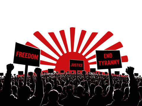 Protest crowd with freedom and end tyranny signs against red rising sun background vector artwork