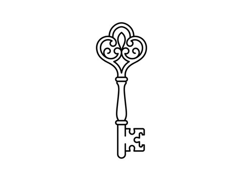 Vintage Ornamental Skeleton Key Outline Icon Isolated on White Background Minimal Line Art Vector Illustration