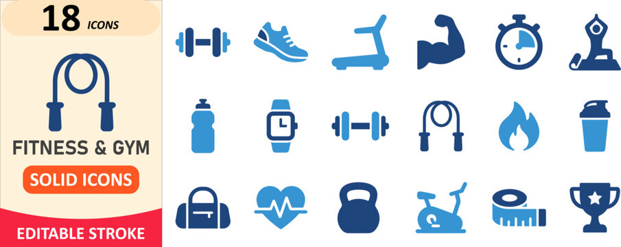 Fitness and gym workout solid icon set with training equipment exercise training bodybuilding dumbbell kettlebell