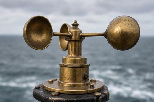 Close-up of an antique brass anemometer against a blurred sea.