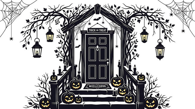 Spooky halloween house entrance with lanterns pumpkins and spider webs, entrance