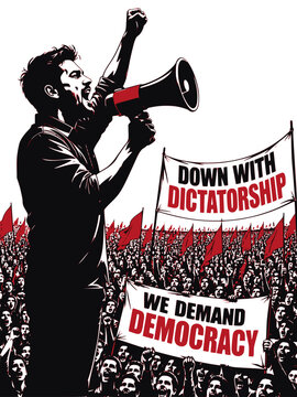 Protest leader with megaphone addressing crowd demanding democracy in bold red black vector style