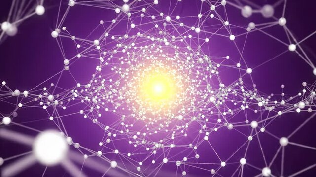 Abstract digital network connection with glowing nodes and lines in a tunnel shape, futuristic technology background