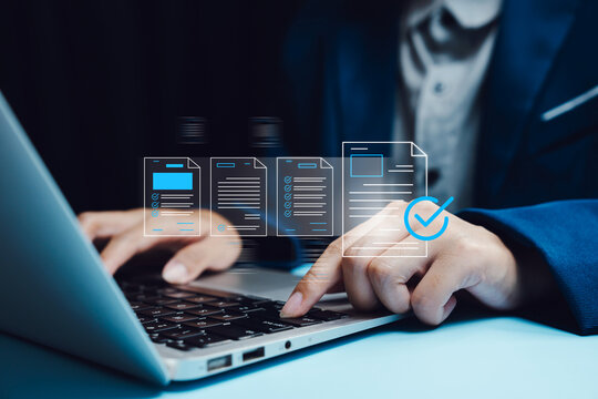 Document management concept. Digital document approval workflow with online verification for secure business process, documentation, approval, compliance, workflow, automation